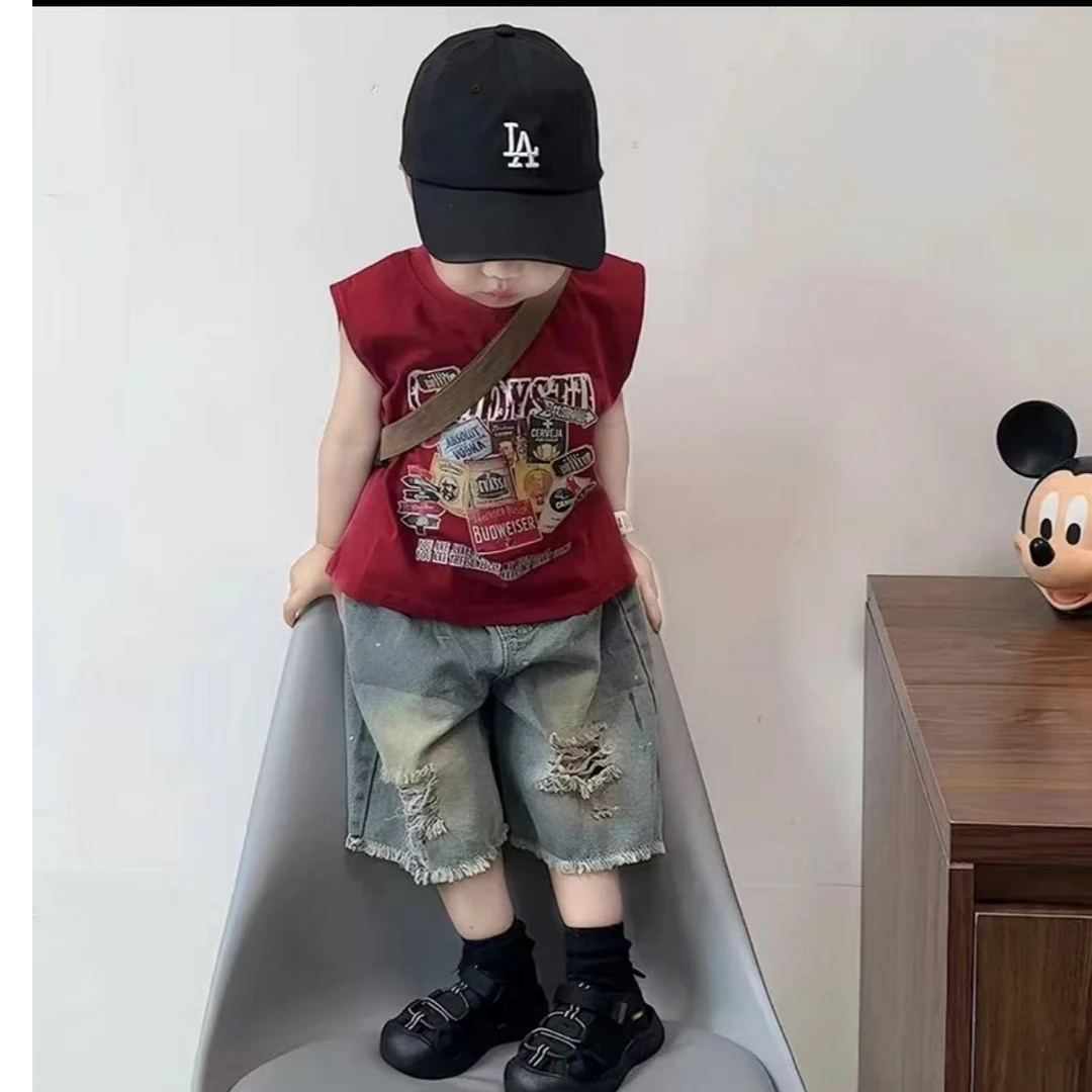 男童夏季卡通动漫韩版套装2025新款休闲小童时尚夏款牛仔裤破洞