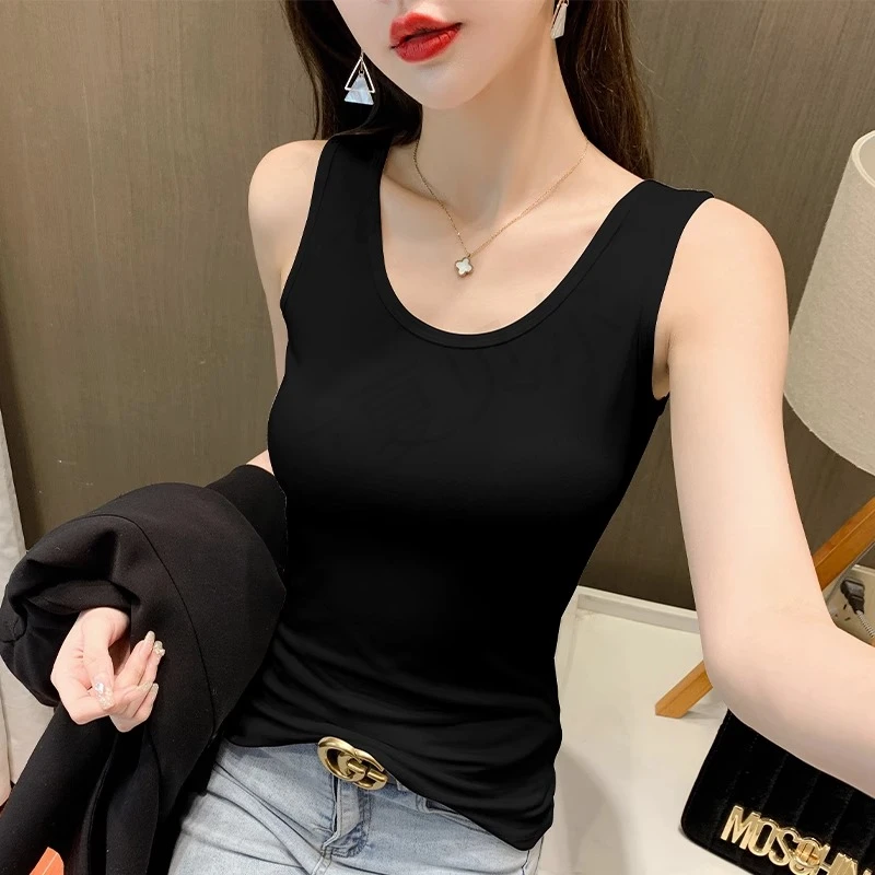 拉夏贝尔黑色吊带背心女内搭圆领纯棉修身打底上衣春夏季2024新款