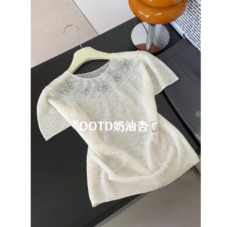 洋气衣服女时尚圆领拼色钉珠针织衫女装夏季新款百搭显瘦短袖上衣