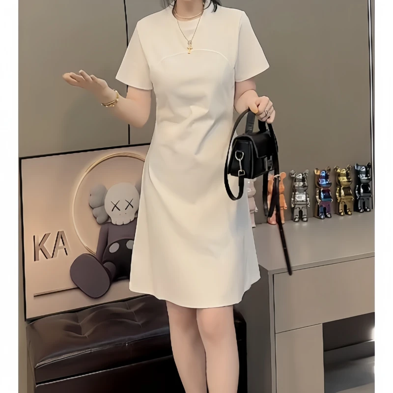夏季温柔风时尚百搭风圆领小个子法式显瘦连衣裙短袖小众收腰休闲