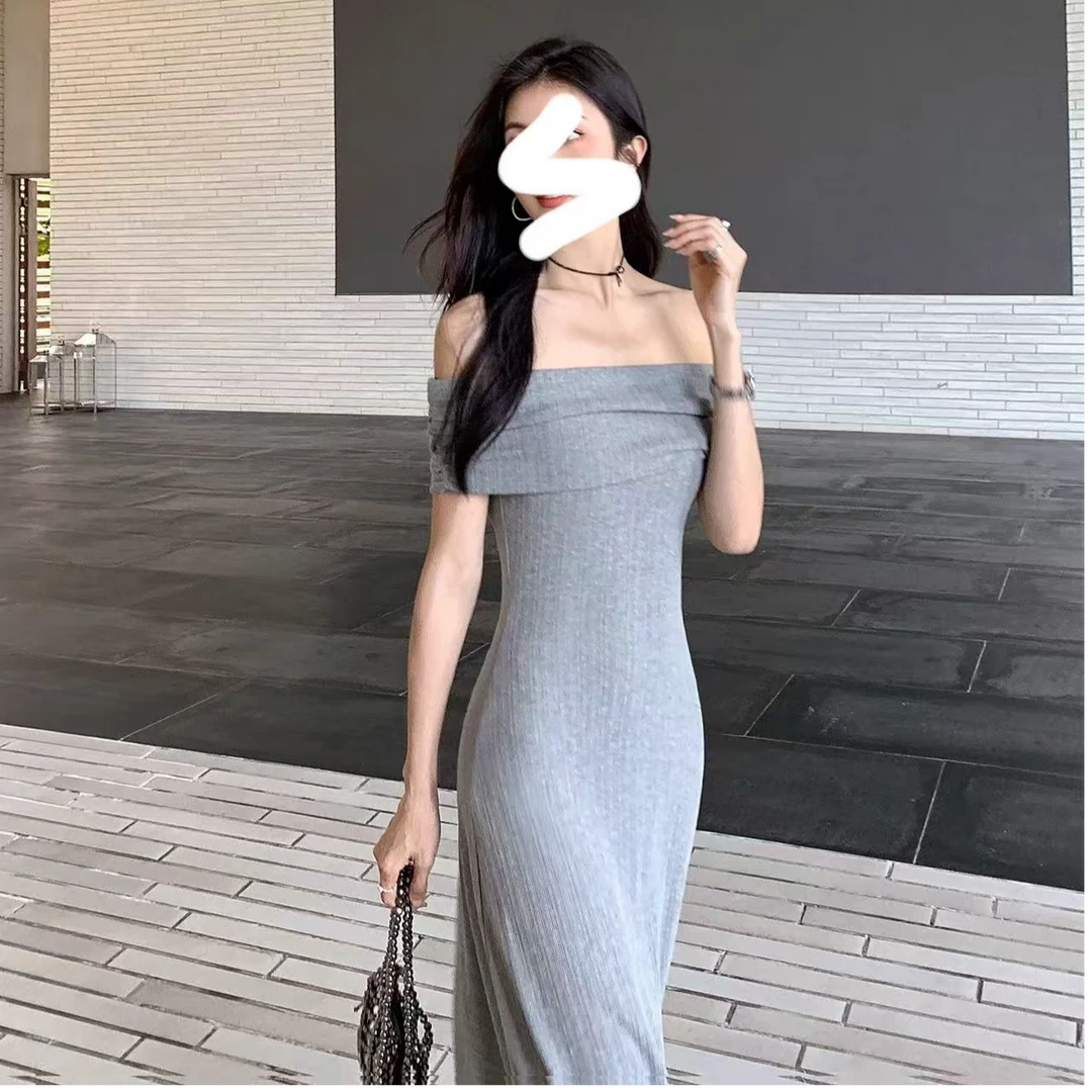 【运补6-8】纯欲气质露肩一字肩抹胸连衣裙女设计感修身显瘦长