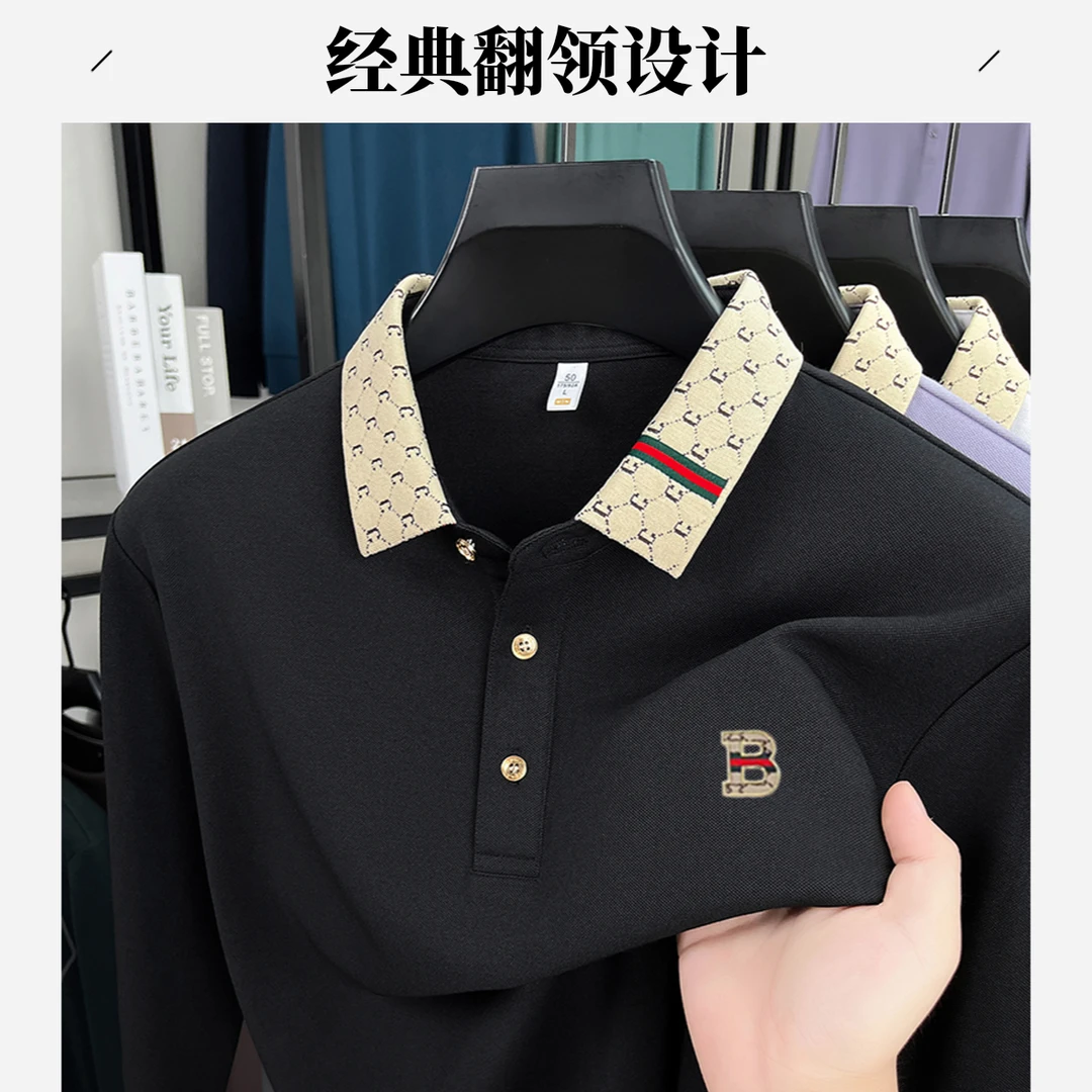 景君澜英伦时尚长袖T恤男士春秋新款高级感商务休闲桑蚕丝POLO衫