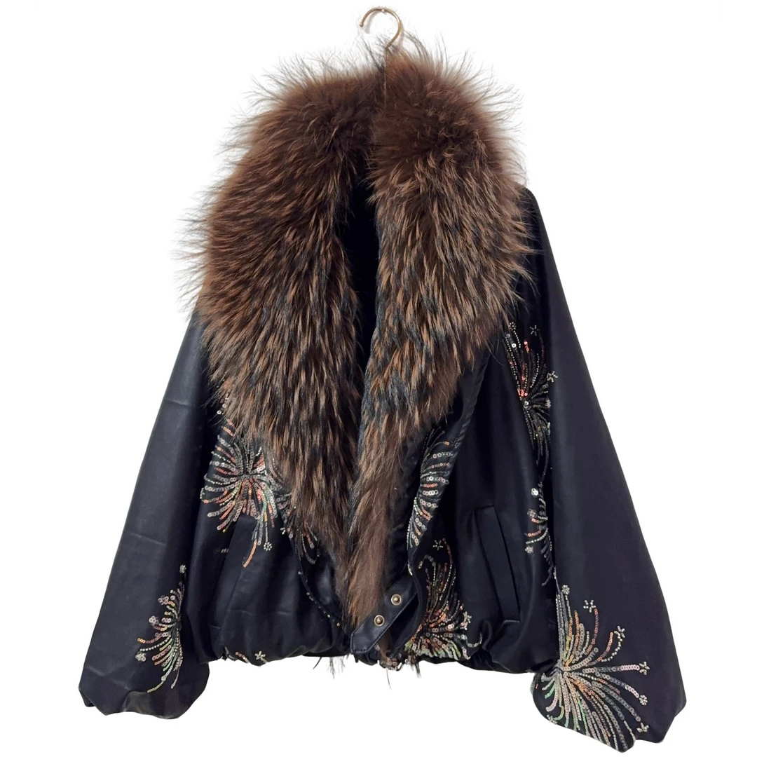 6069【璀璨星空】休闲风毛领可拆重工钉珠气质设计师宽松显瘦短外套