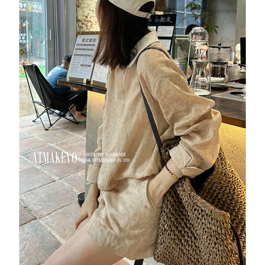 吕小布 | 复古老钱感亚麻套装 重磅100%亚麻翻领长袖衬衫短裤0535