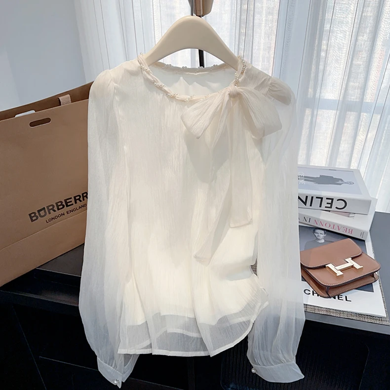 法式小香风珍珠蝴蝶结雪纺泡泡袖衬衫2025春夏季新款设计感上衣女