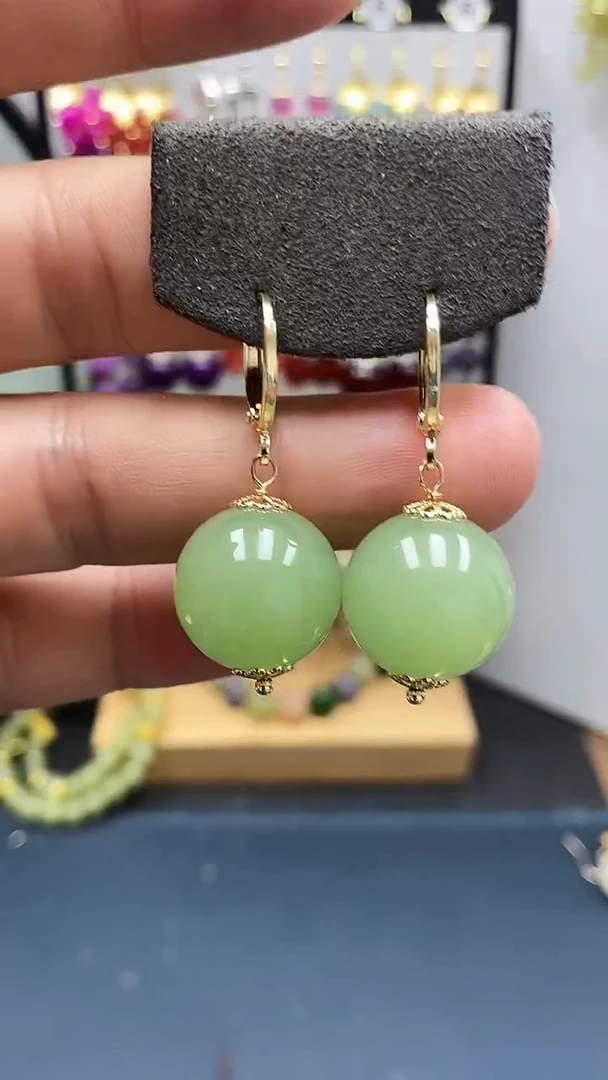 和田玉银S925镀金镶嵌耳饰尺寸16mm耳扣33