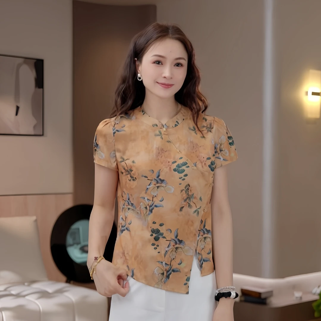 豆豆1新中式上衣 夏季新款时尚轻奢女国风短袖上衣-DX1296