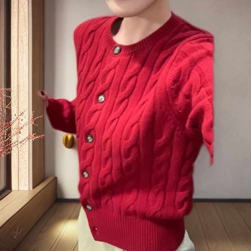 2025秋冬新款红色麻花毛衣上衣女士早秋底衬衫厚针织开衫上衣