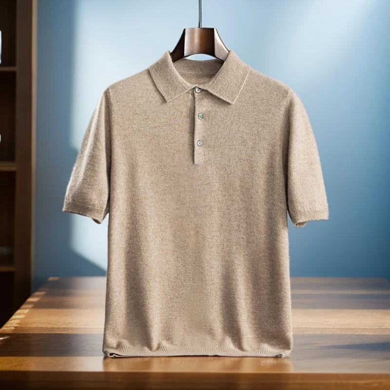 秋冬男士100%纯山羊绒衫短袖POLO领半袖套头百搭针织打底衫纯色