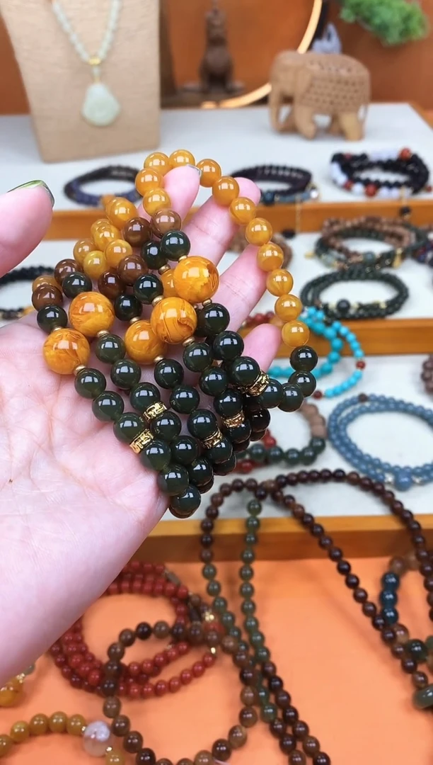 未镶嵌蜜蜡手链单圈蜜蜡和田菠菜绿手串