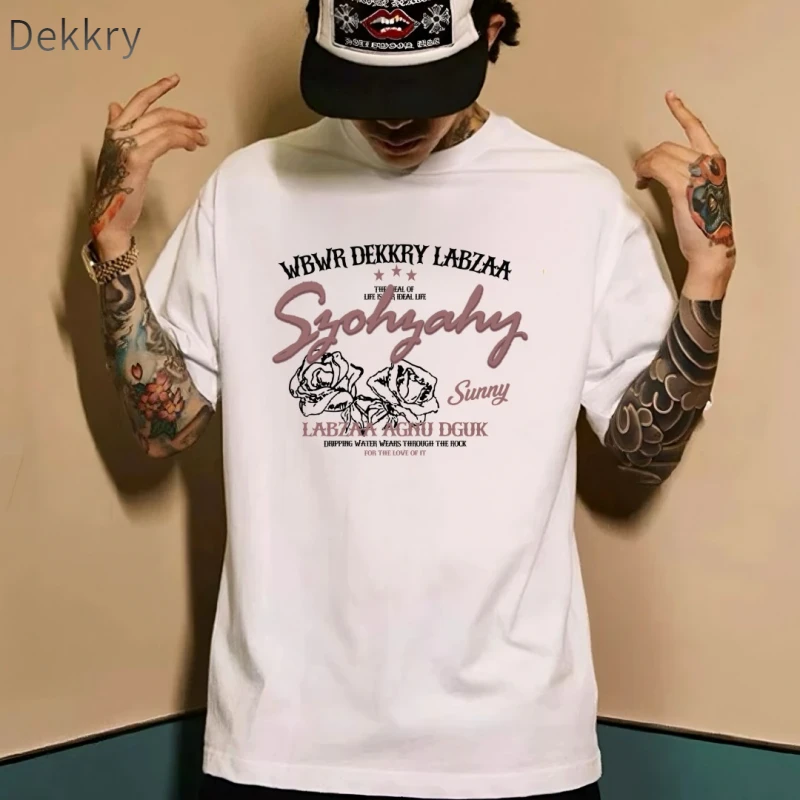 Dekkry男士宽松型夏季T恤复古美式时尚男装运动宽松半袖印花圆领