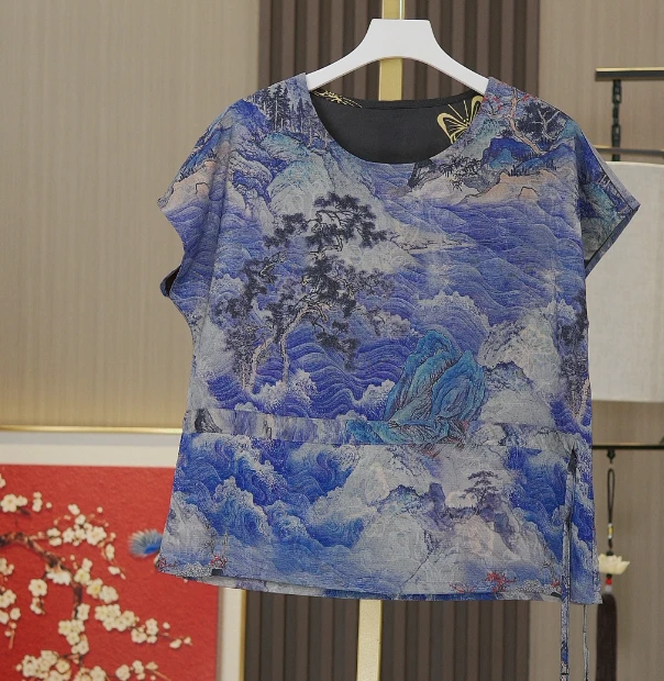 新中式山水画国风桑蚕丝复古短袖T恤-时尚洋气夏季时尚气质小衫