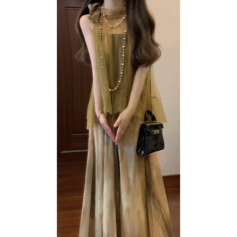 法式温柔风甜美公主裙设计感网纱拼接提花假两件连衣裙仙女裙9303