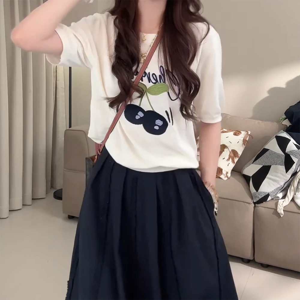 重工刺绣宽松显瘦圆领针织衫夏季凉感丝短袖上衣女2025新款C5367