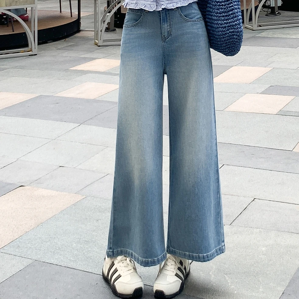 PVJ美式冰蓝色小个子阔腿牛仔裤女2025夏薄款宽松垂感九分直筒裤