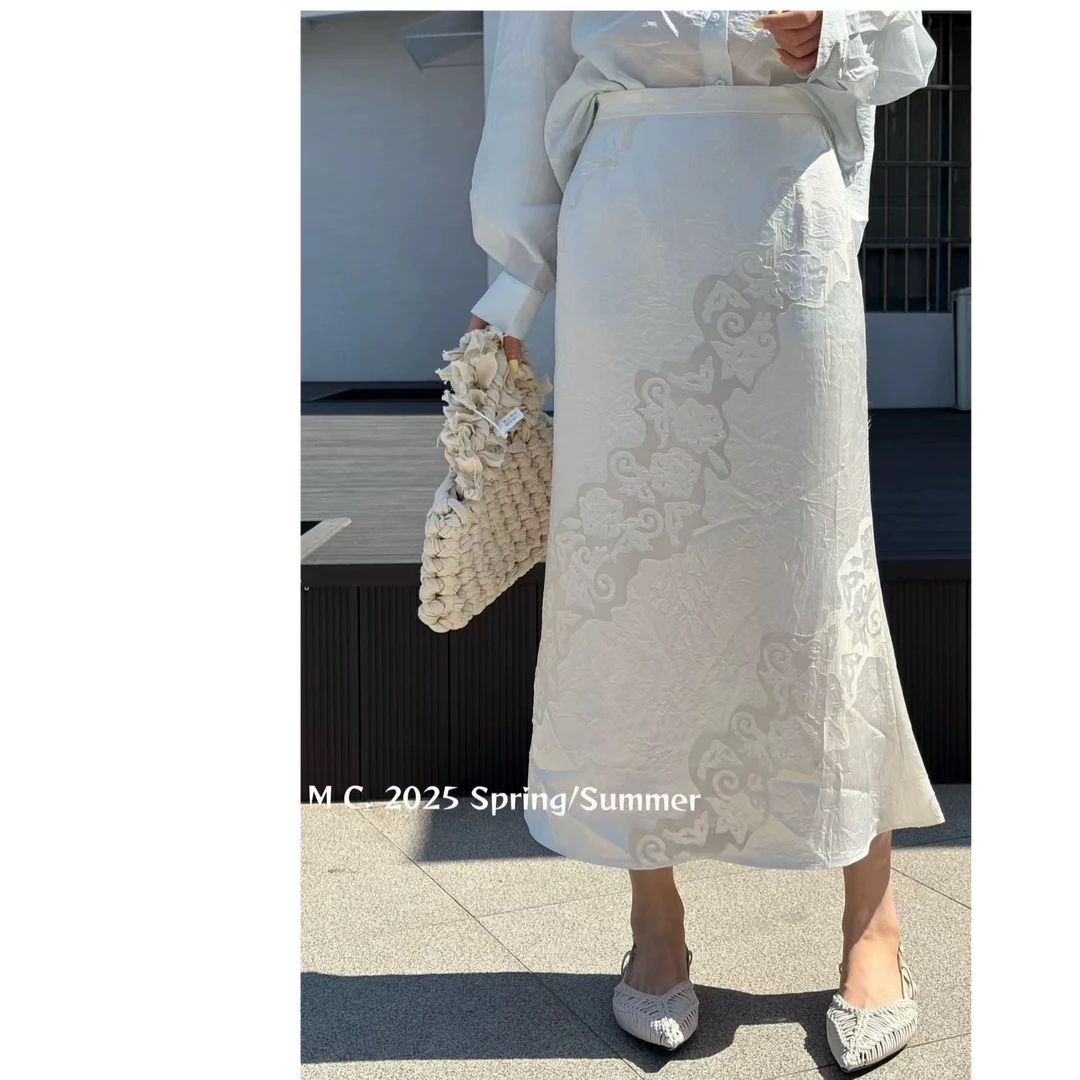 【钰姐精选】伊丽5111-气质包臀半身裙提花夏季轻奢复古开叉重工