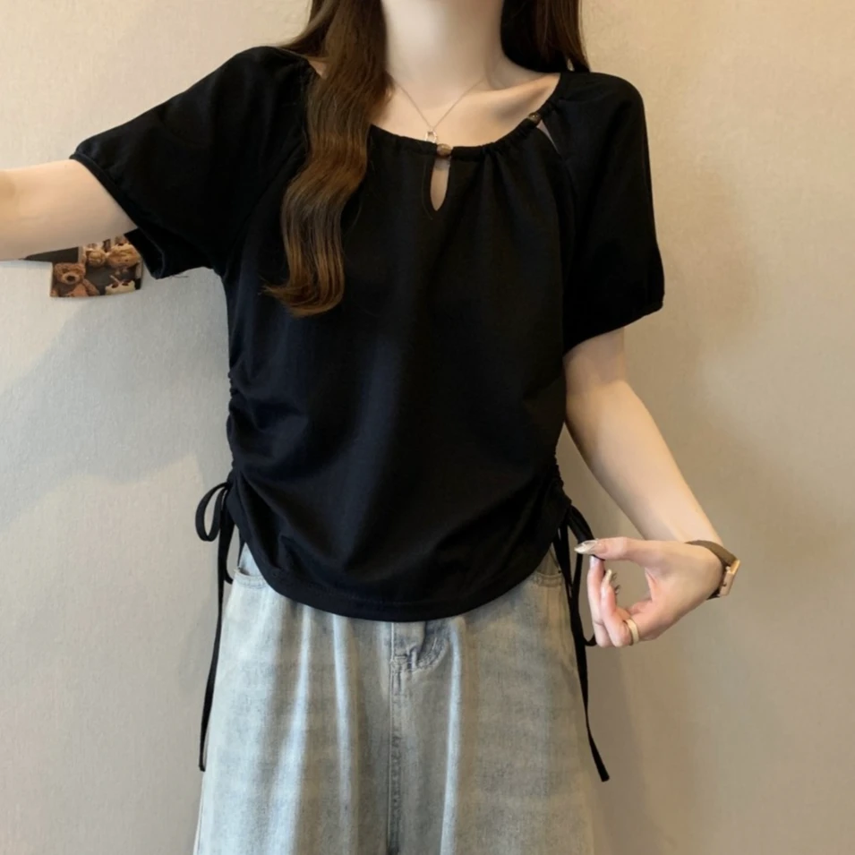 大码设计感串珠抽绳短袖T恤女夏季薄款胖MM宽松显瘦百搭洋气上衣