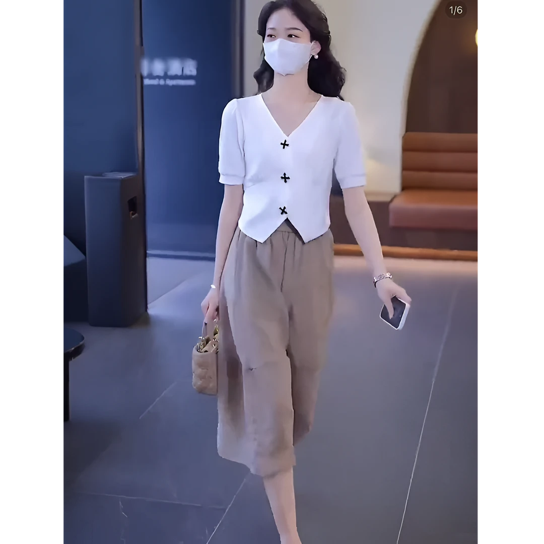 夏季新款法式领显瘦短袖衬衫女设计感小众不规则短款上衣裙子套装