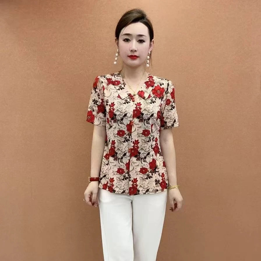 夏季新款翻领短袖时尚百搭宽松碎花小衫女气质减龄显瘦妈妈装t恤