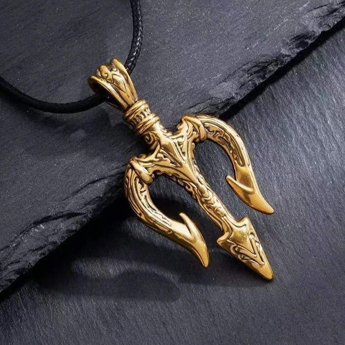 双十一抢先#海神三叉戟黄金吊坠男款复古足金项链坠男士欧美霸气