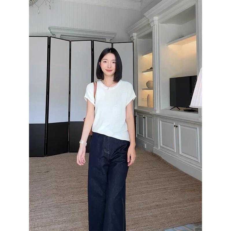 郭九九呢 气质针织提花宽松显瘦短袖上衣阔腿牛仔裤 G925A09395-1