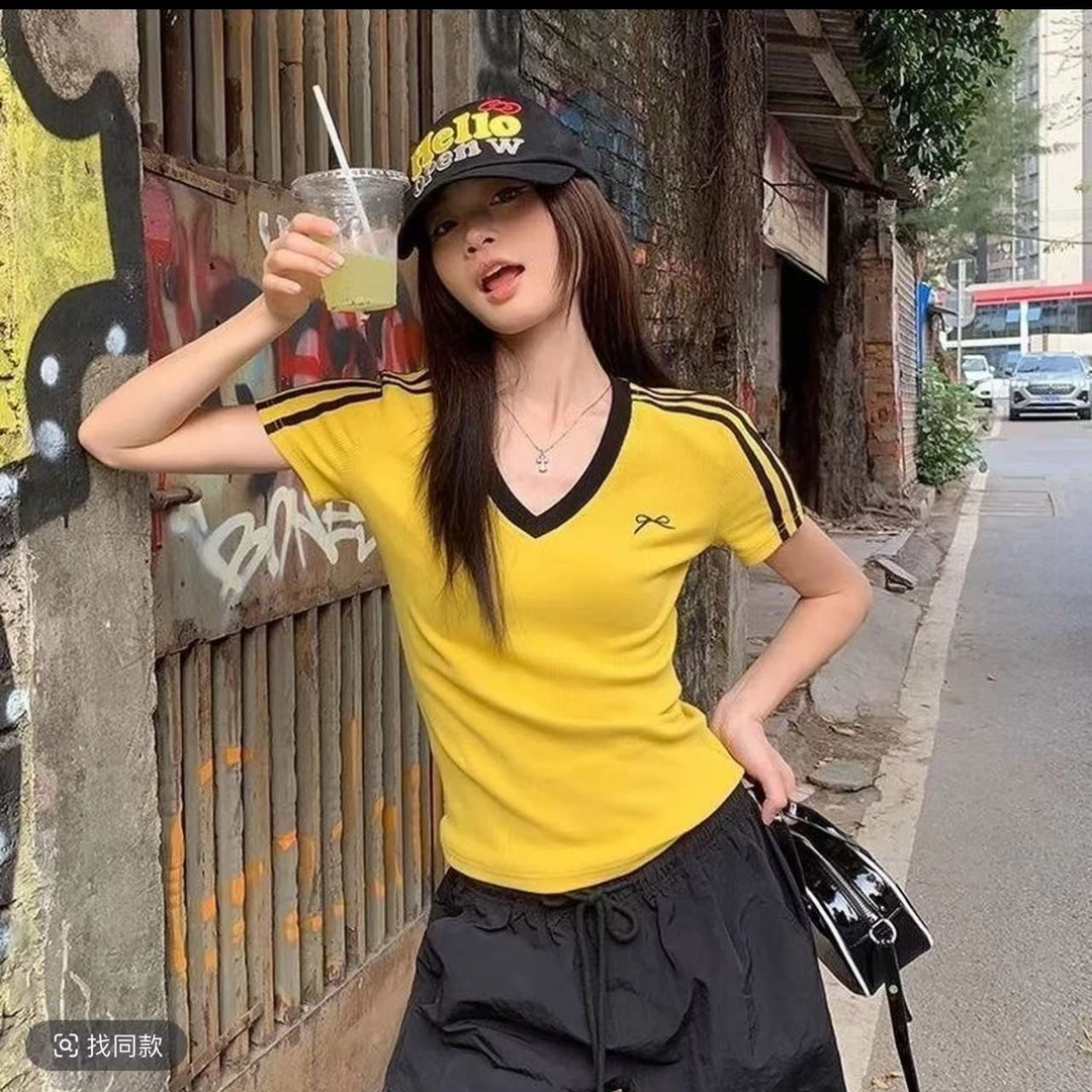 大码胖mm美式撞色V领蝴蝶结短袖T恤修身显瘦打底休闲条纹阔腿裤