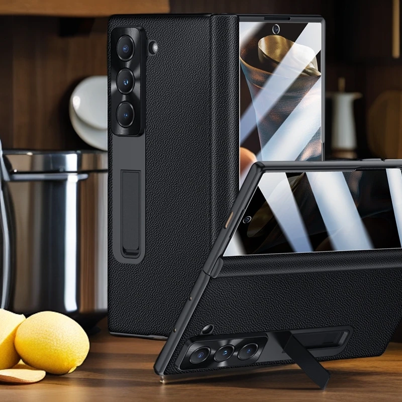 适用三星W25/W24/W23手机壳中轴铰链磁吸全包防摔真皮隐形支架W22