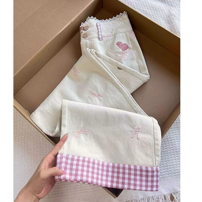 蝴蝶结可爱小熊刺绣软糯糯少女风牛仔裤春季新款百搭休闲阔腿长裤