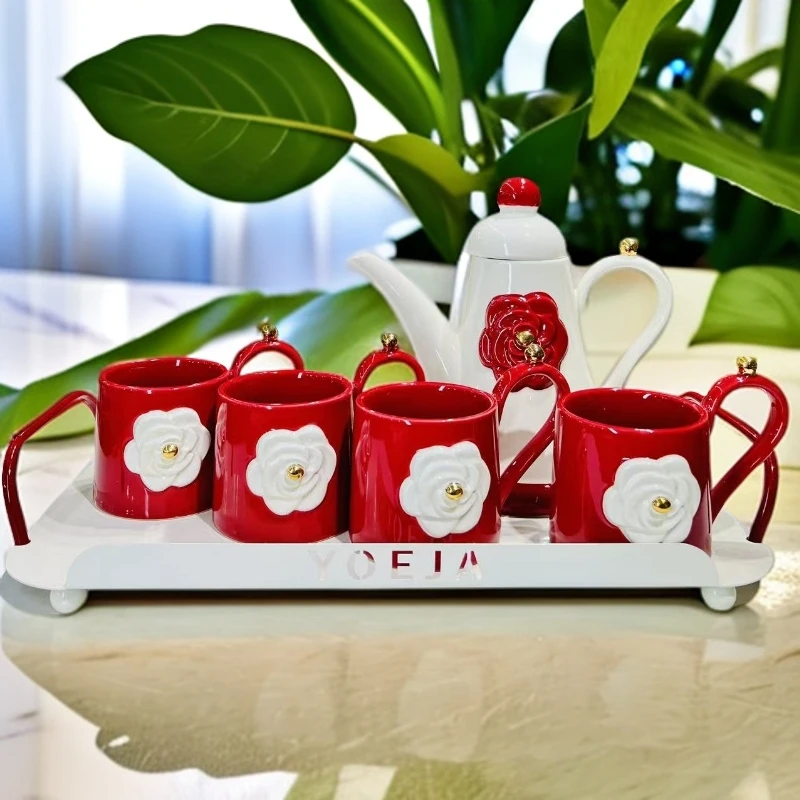 新疆包邮【四杯一壶托盘套装】四种颜色水壶创意可爱结婚婚庆带盖