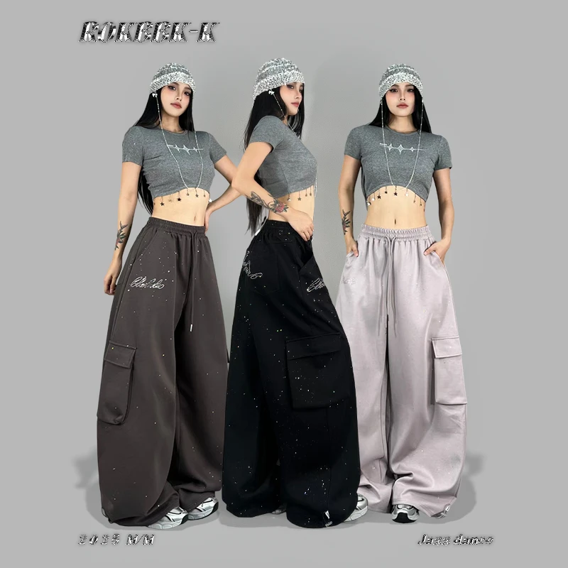 ROKBBK-K布韩街舞潮牌嘻哈美式复古早秋烫钻百搭工装裤女jazz