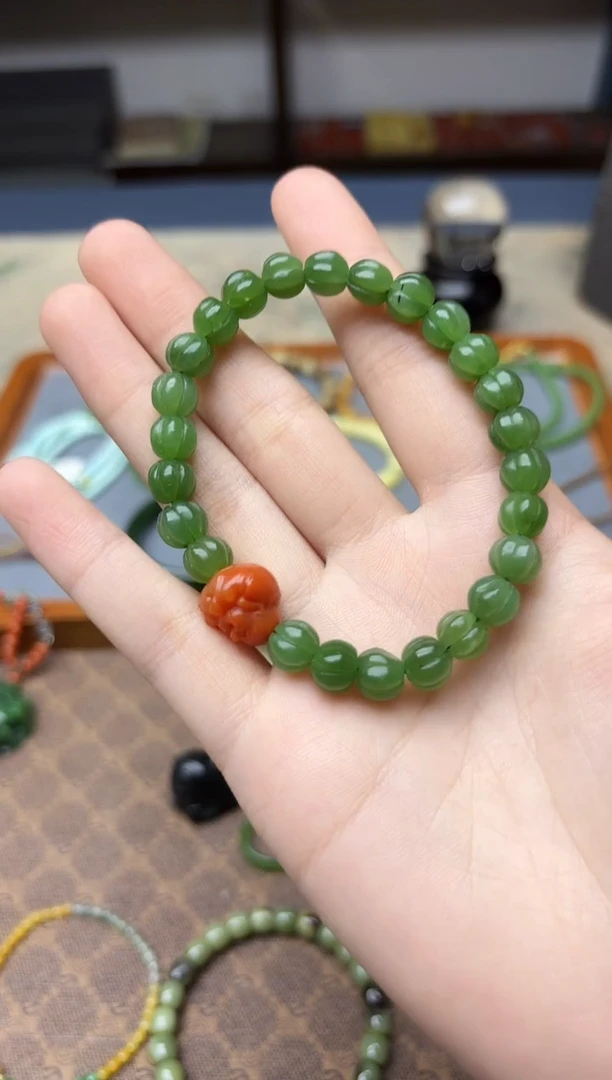 未镶嵌和田玉挂件碧玉瓜珠手串7mm+HX