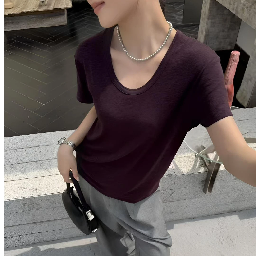 丹丹＋3518夏季纯色百搭显瘦U领T恤衫