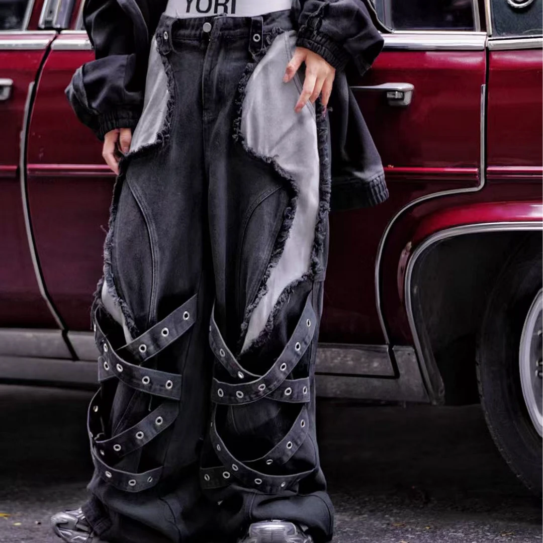 原创【暗影主宰】重磅电绣洗水做旧涂鸦牛仔拼接不规则男女款