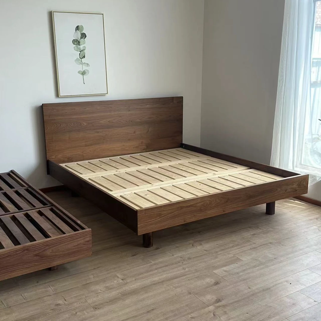 北美黑胡桃木实木床1米8双人主卧高端中古风大板床悬浮床