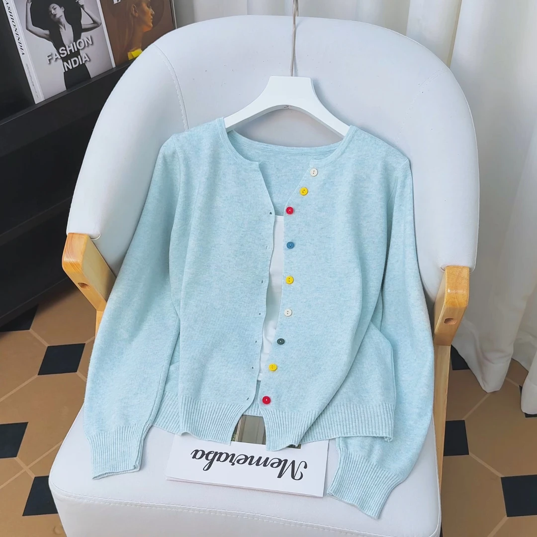 v领毛衣开衫女外套天蓝色针织衫2025超火彩扣软糯上衣长袖时尚