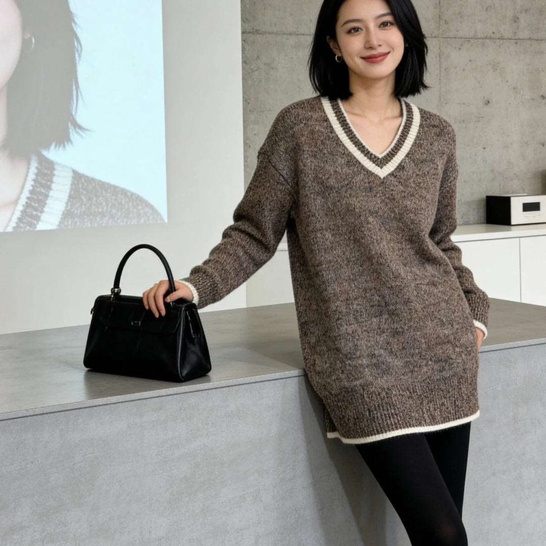 【100%山羊绒】加厚花纱430克！数兰朵时尚V领厚款羊绒衫中长毛衣女