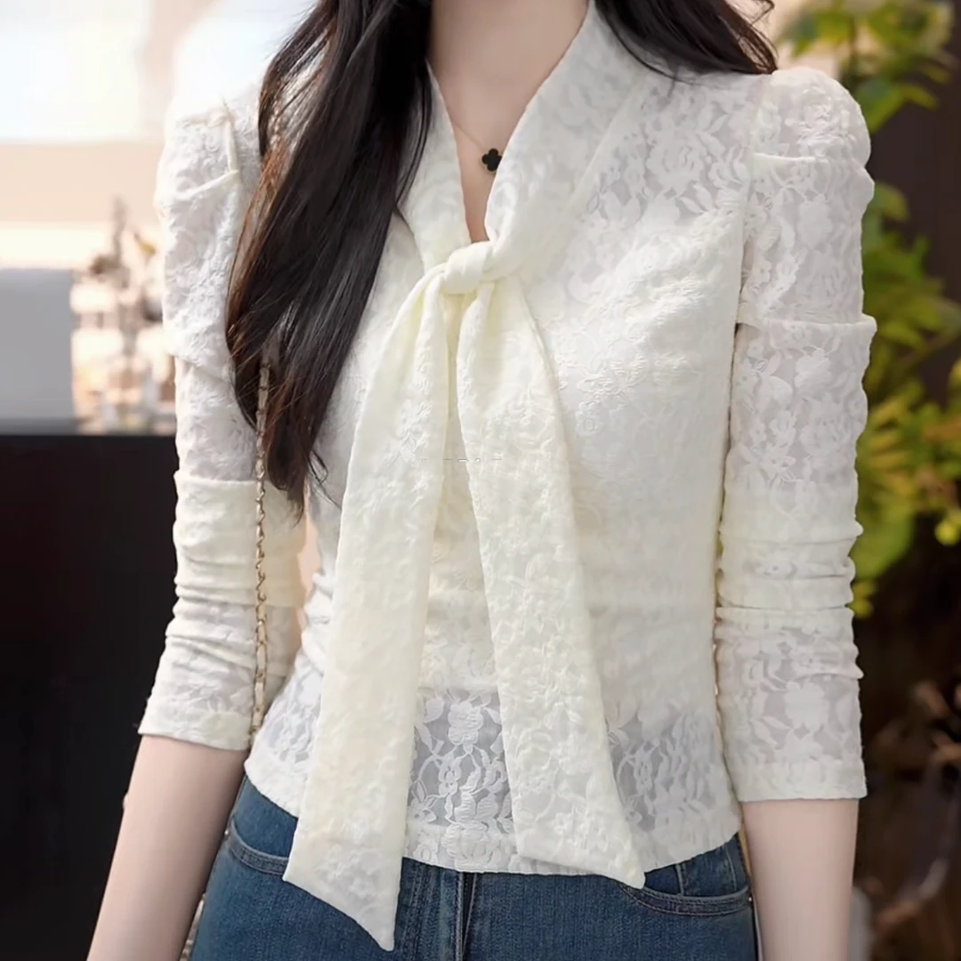 设计感法式气质长袖蕾丝蝴蝶结衬衫女2025春款洋气时尚套头上衣