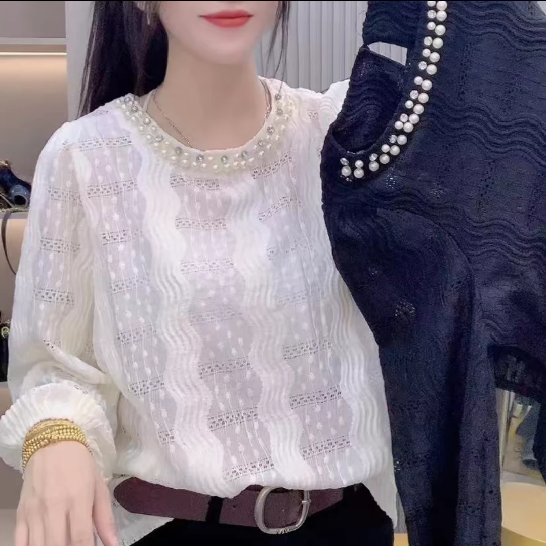 2025夏季新款纯色圆领钉珠拼接长袖T恤女时尚百搭休闲上衣潮