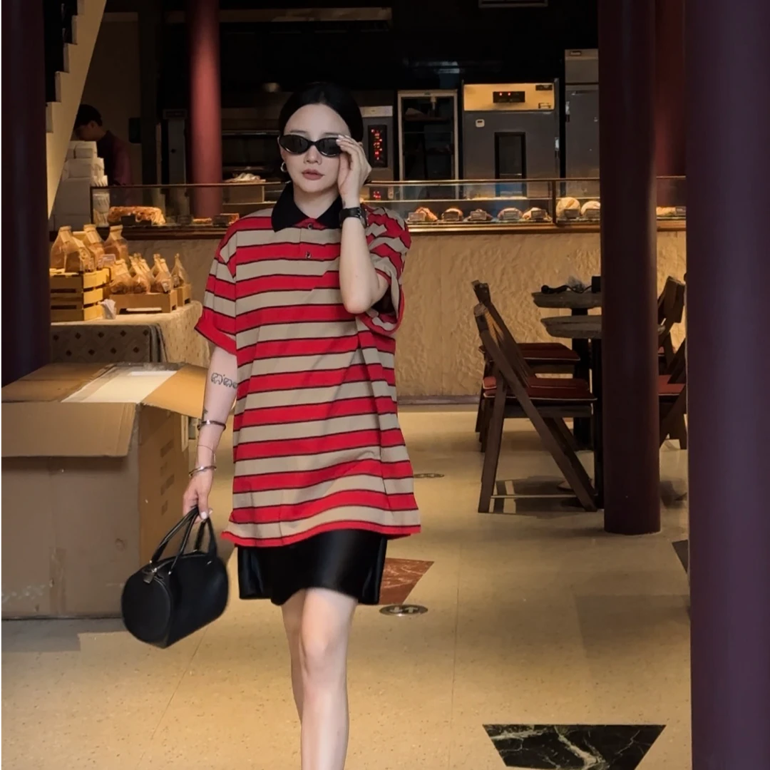 【DYMMXYMM】拉达·早春极简风红色条纹半袖POLO短袖T恤5SS9150