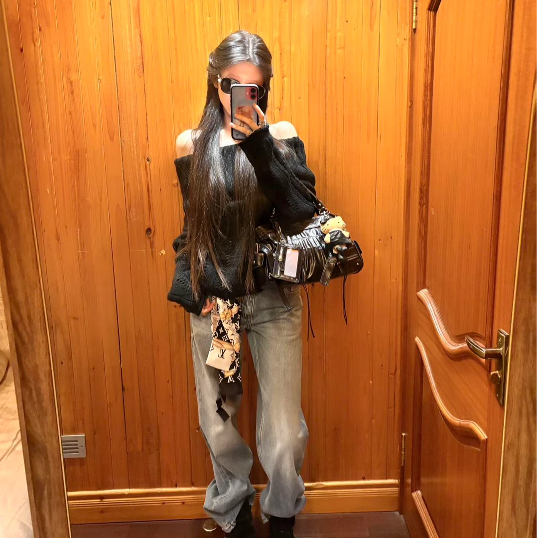 女士毛衣长袖常规慵懒风一字肩法式复古宽松牛仔长裤时尚套装女