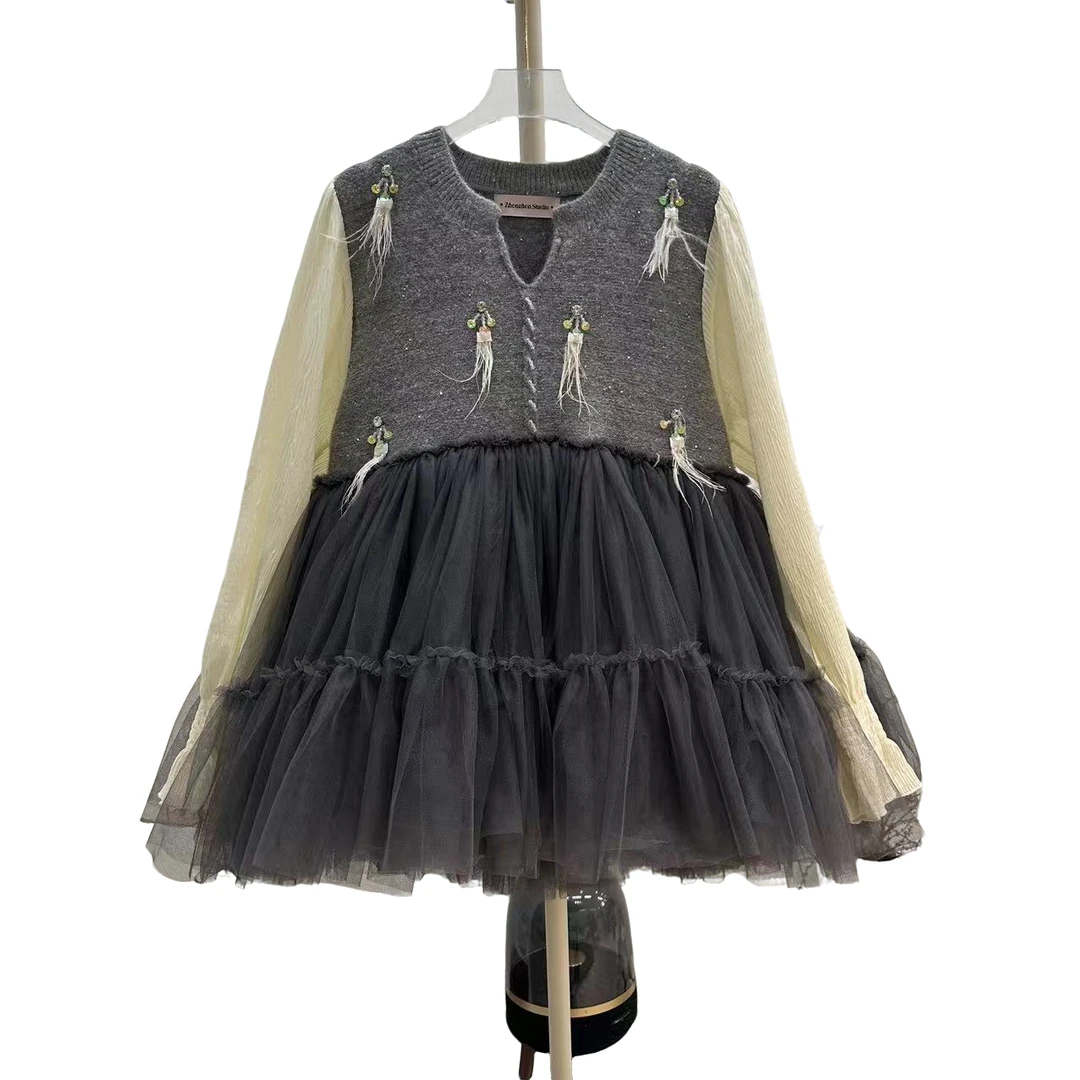 4152【珍珍优选】设计师新款拼接纱纱冬季长袖女装连衣裙