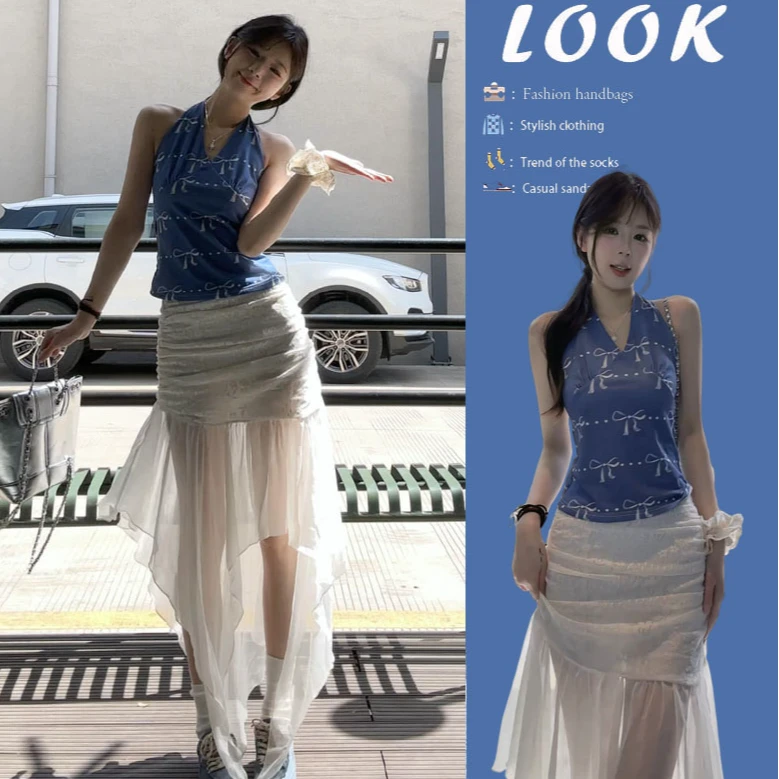 夏季穿搭一整套2025新款韩版时尚无袖背心上衣不规则半身裙两件套