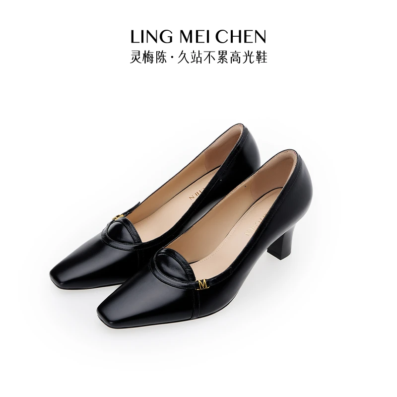 【复古牛油】复古气质时尚百搭黑色真皮粗跟方头通勤高跟鞋