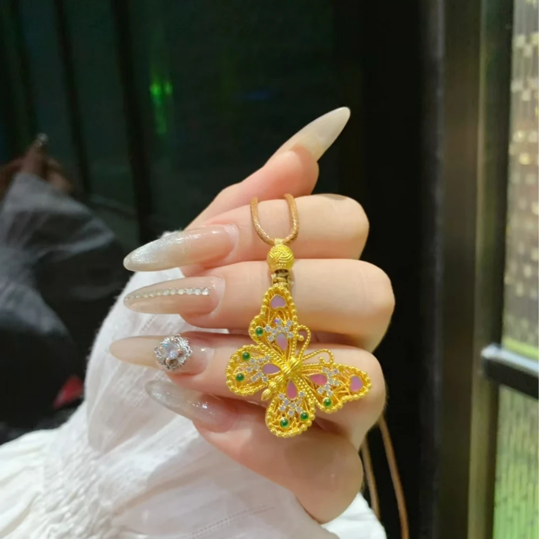 足金999花丝螺钿珐琅斜挂莫桑蝴蝶吊坠