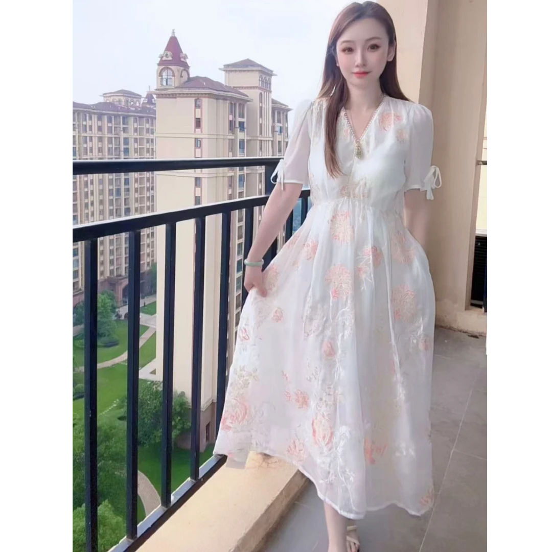 新款温柔名媛风优雅气质收腰高端刺绣连衣裙365