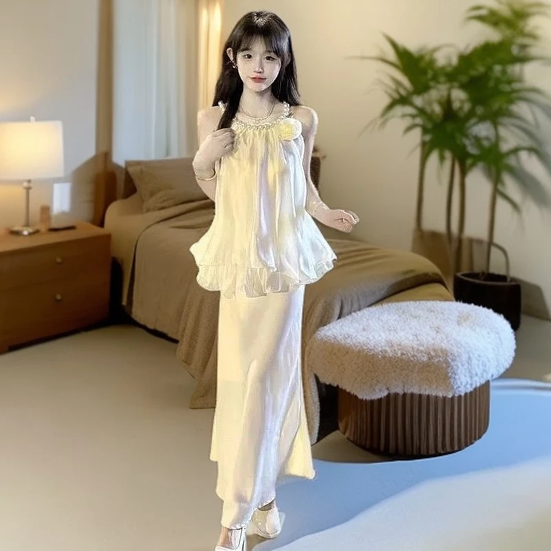 【店铺热销】法式轻熟珍珠挂脖无袖上衣时尚套装女夏季高腰显瘦半