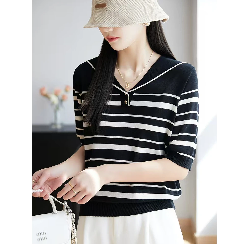 海军领~法式条纹天丝~气质百搭减龄短袖