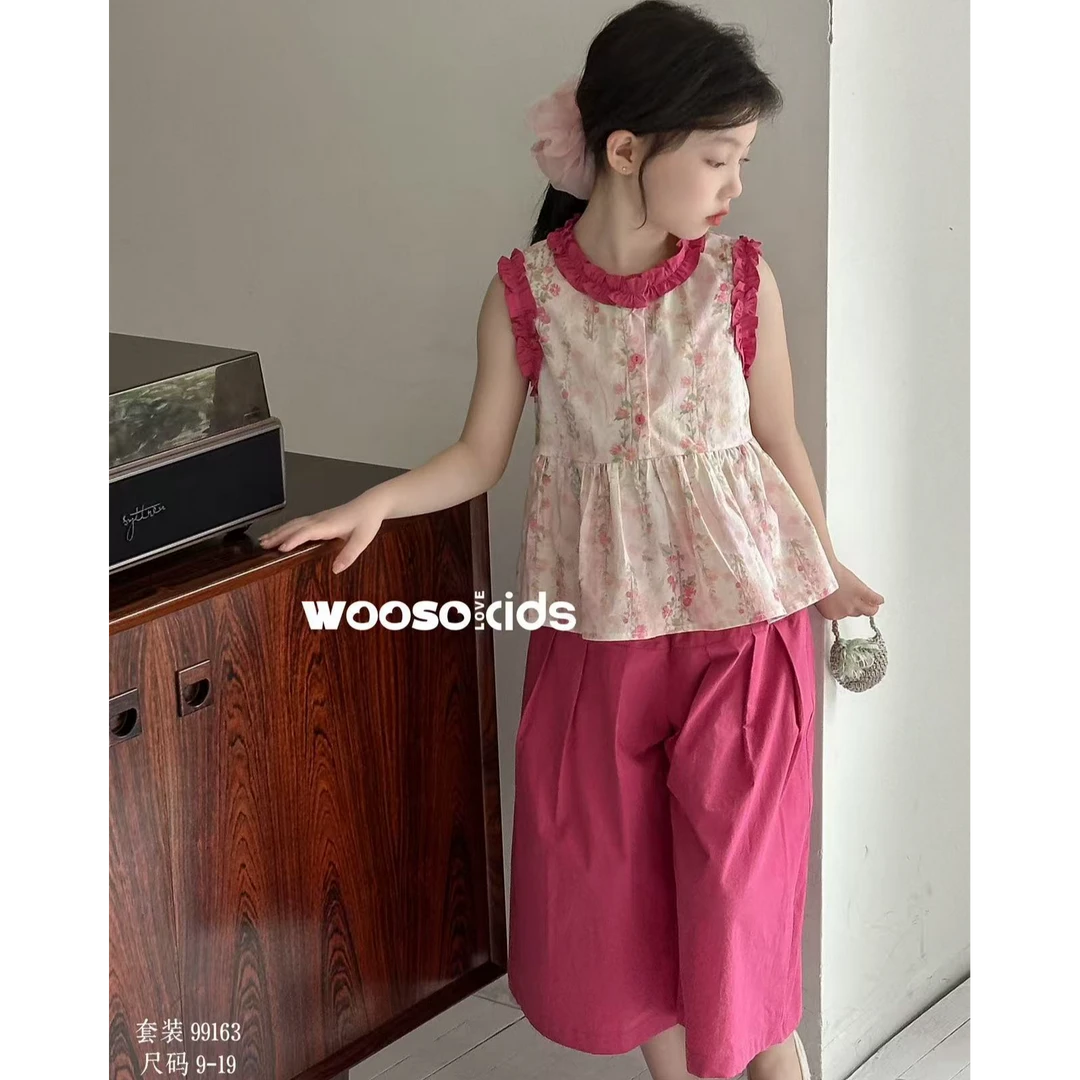 【小慕家】2025夏新款儿童休闲碎花图案娃娃衫裤子两件套套装99163