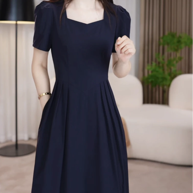 短袖裙子中长款裙子显瘦收腰裙夏季短袖赫本风连衣裙优雅时尚气质