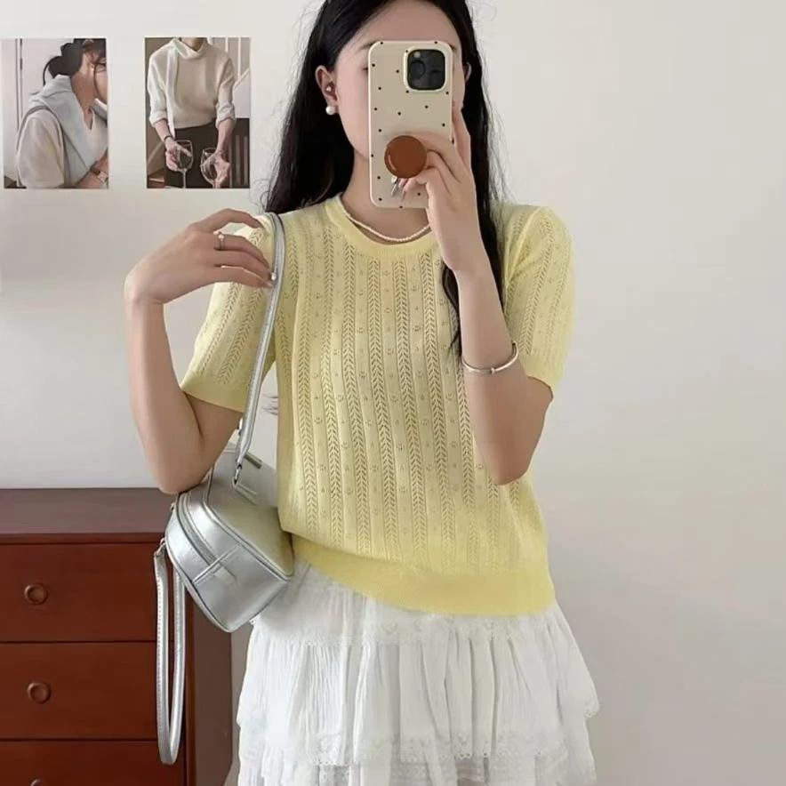 冰丝针织衫短袖女早秋新款圆领白色T恤2025夏季镂空上衣女T471